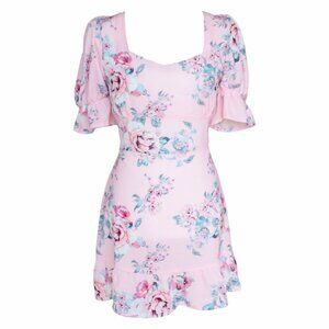 Amelia Pink Floral Spring Dress With Puff Sleeves